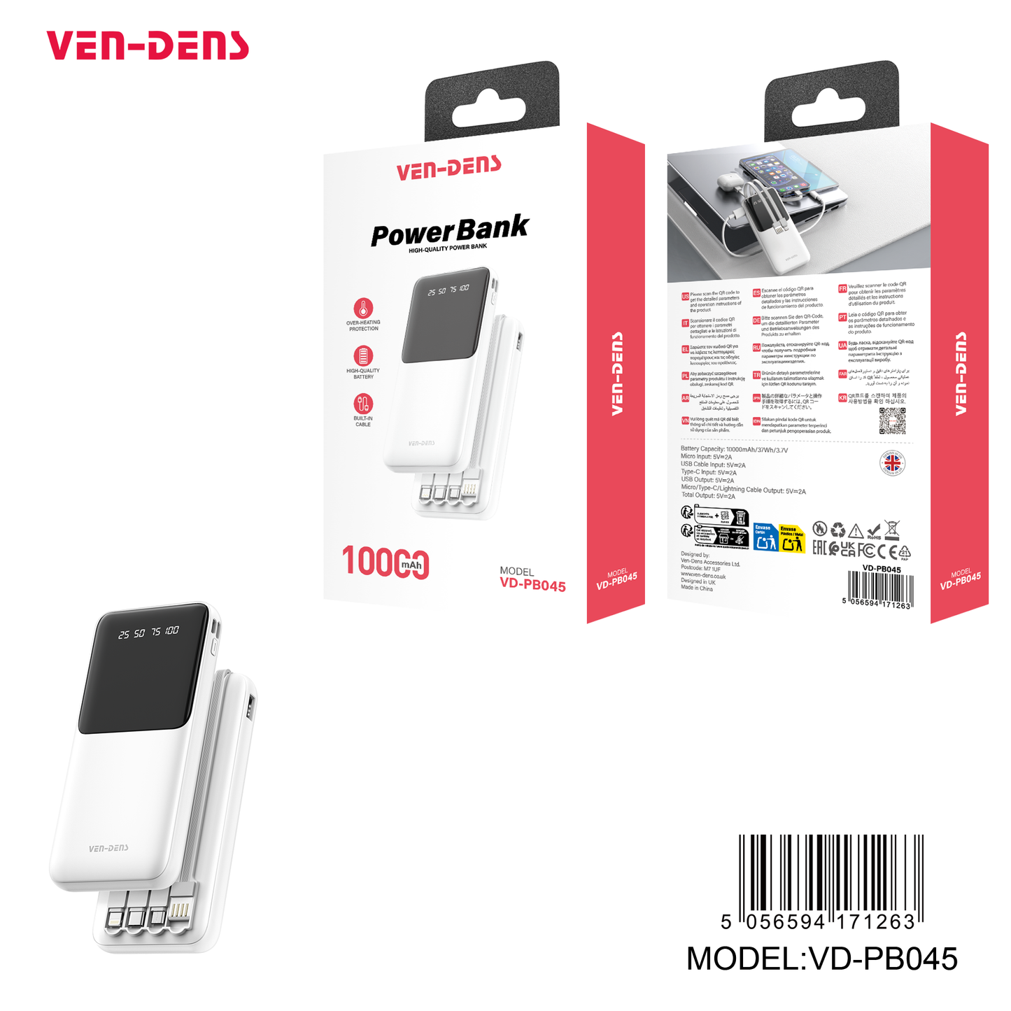 VEN-DENS VD-PB045 - 10,000mAh Power Bank with Built-in Cables & LED Display