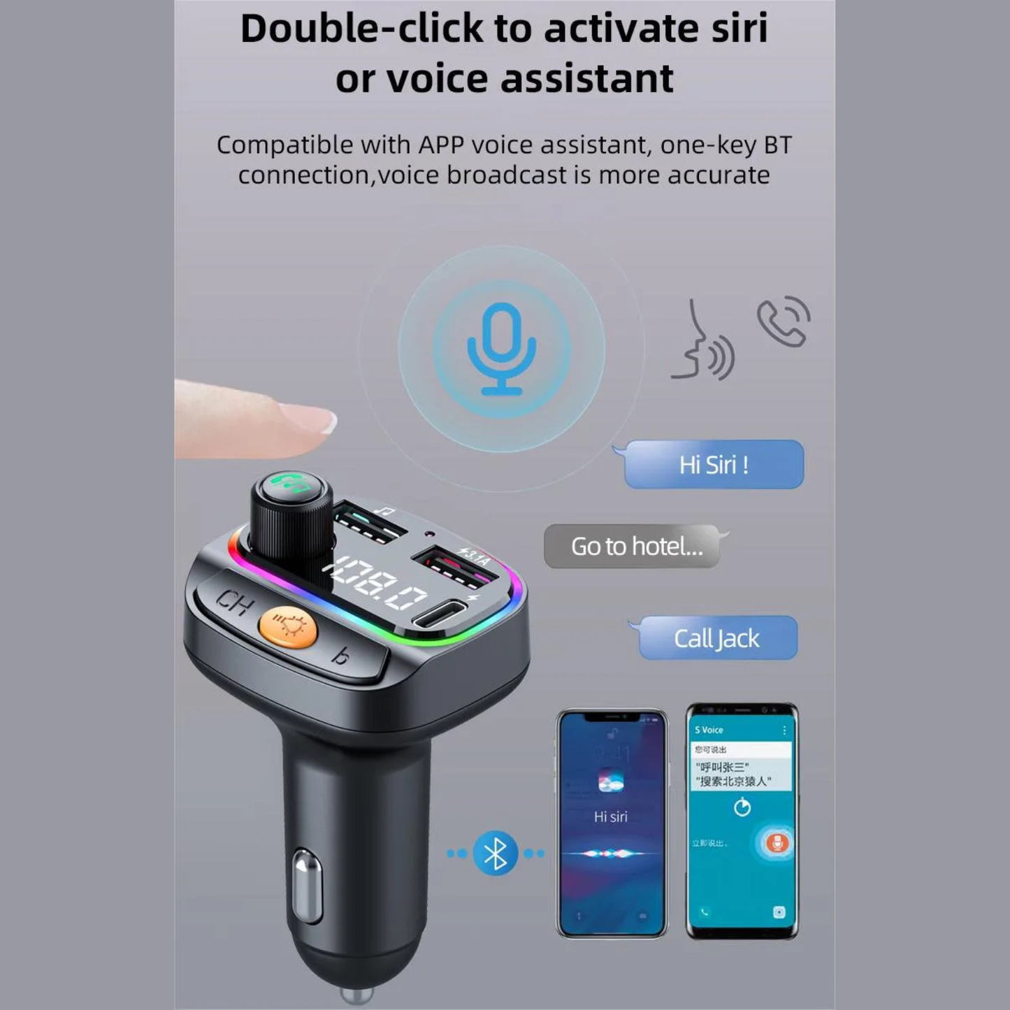 NCC R20 - 53W Car Charger with Bluetooth 5.3, FM Transmitter & RGB Lighting