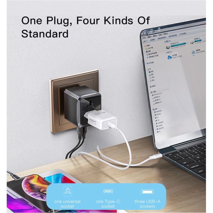 YESIDO MC10 - Universal Travel Adapter with 3 USB Ports & Wireless Charger