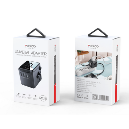 YESIDO MC10 - Universal Travel Adapter with 3 USB Ports & Wireless Charger